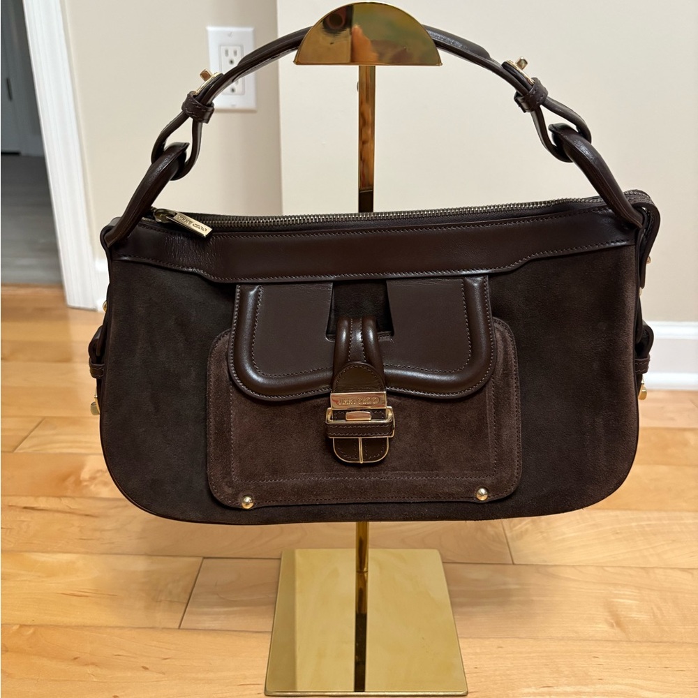 Jimmy Choo Leather-Trimmed Suede Handle Bag